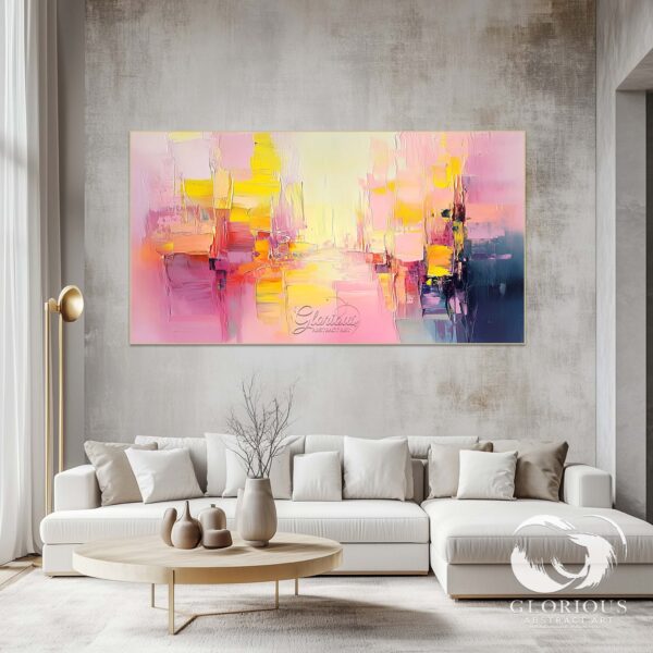 Abstract artwork with bold pink and yellow shapes, modern wall art