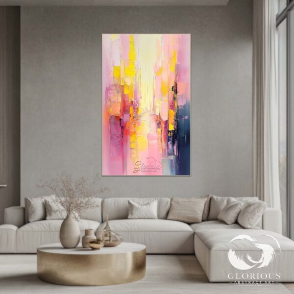 Textured abstract painting in soft pink and yellow tones, contemporary art