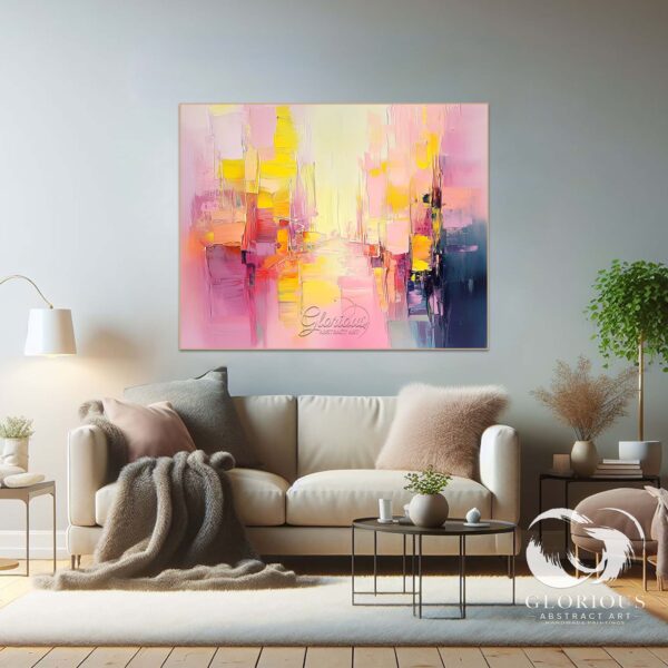 Abstract art with bold strokes in pink, yellow, and blue, modern wall decor