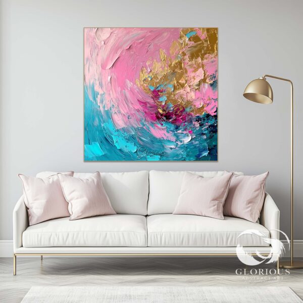 Hand-painted abstract artwork with gold accents and vibrant colors