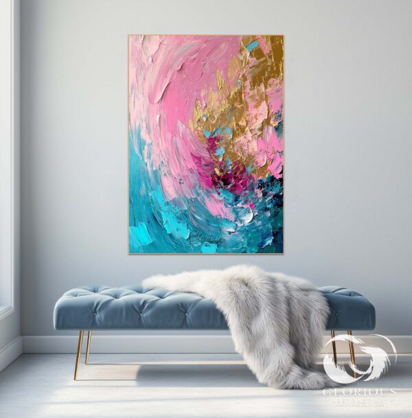 Large canvas painting with pink, blue, and metallic gold textures.