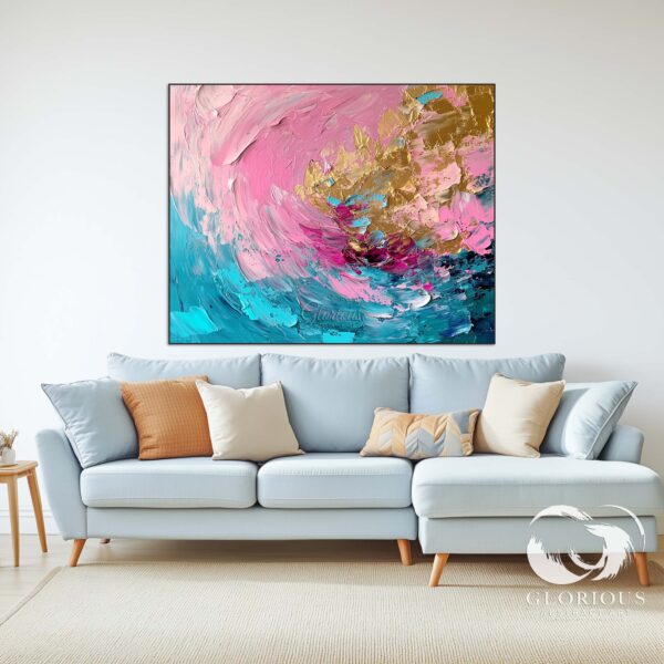 Luxury abstract painting with pink, blue, and gold hues on a textured canvas.