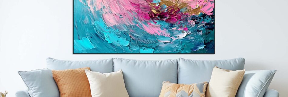 Luxury abstract painting with pink, blue, and gold hues on a textured canvas.