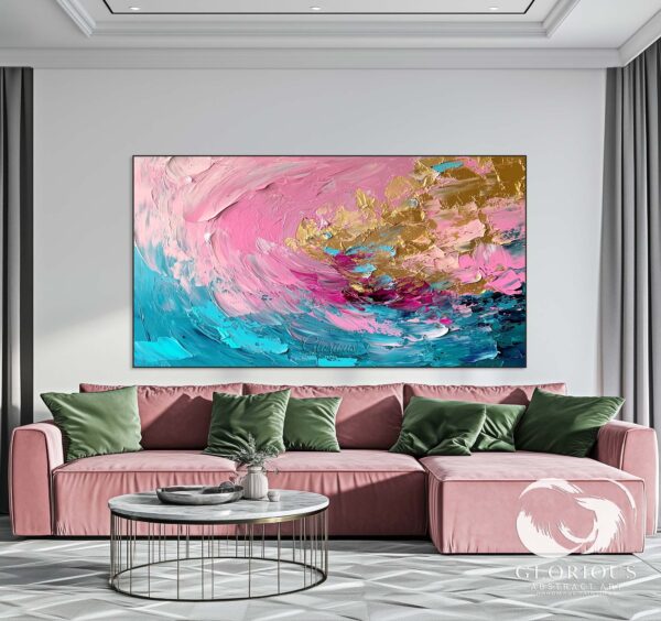 Large contemporary abstract canvas with expressive brushstrokes in pink and gold.