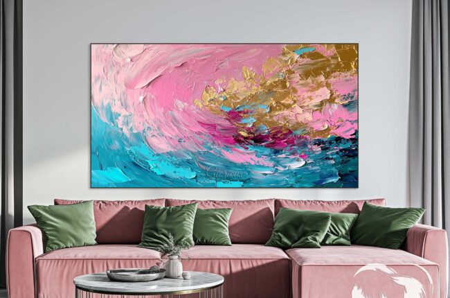 Large contemporary abstract canvas with expressive brushstrokes in pink and gold.