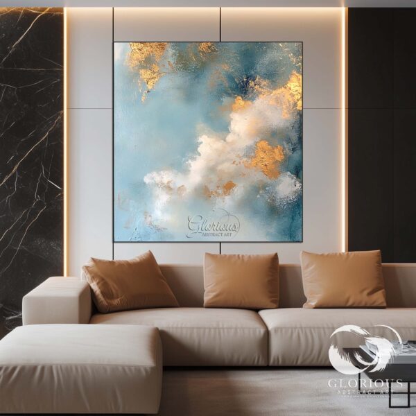 Large abstract canvas featuring blue tones and gold details.