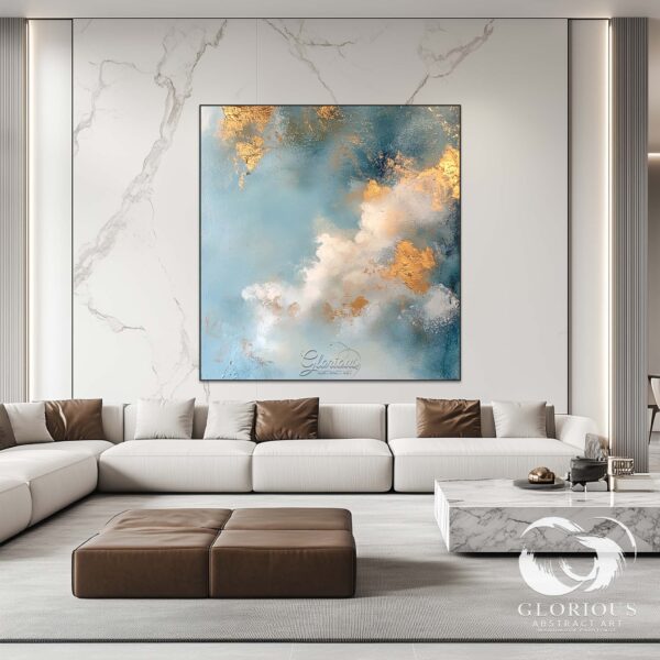 Unique blue and gold abstract painting displayed in a modern interior.