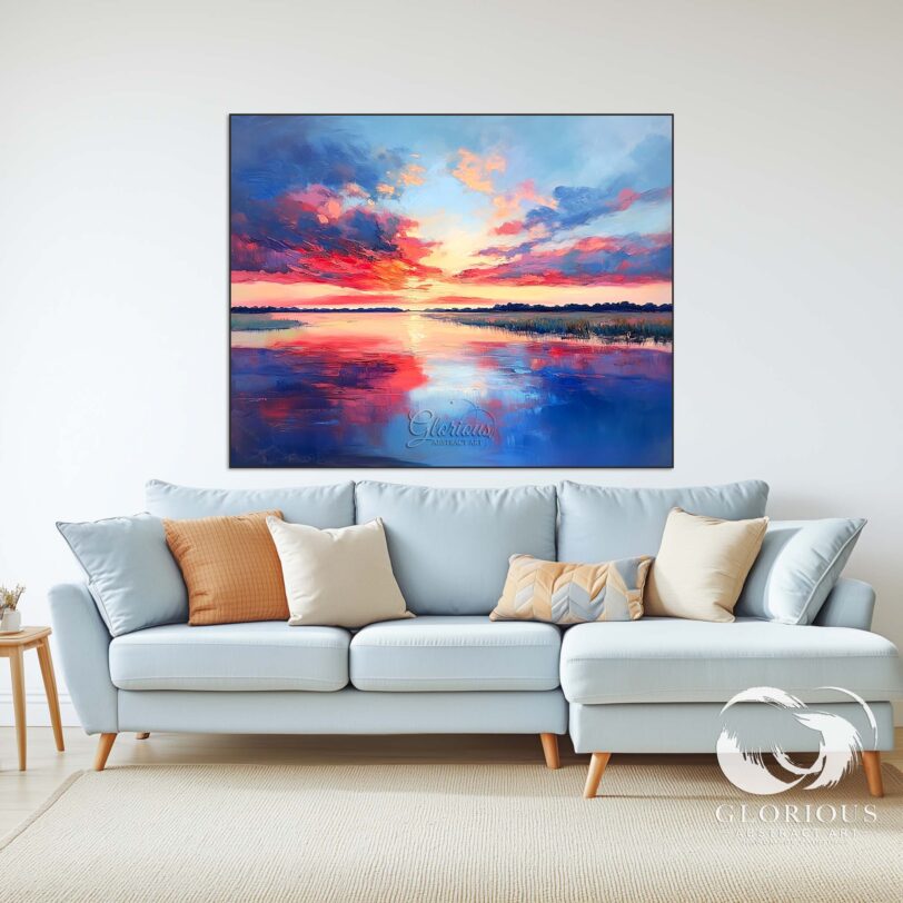 Handmade abstract painting featuring blue and orange sunset-inspired patterns.