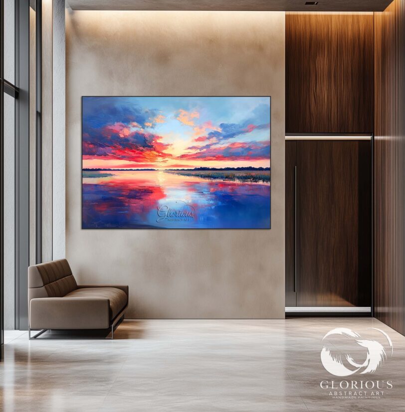 Oversized handmade abstract painting showcasing an ocean sunset for office or home.