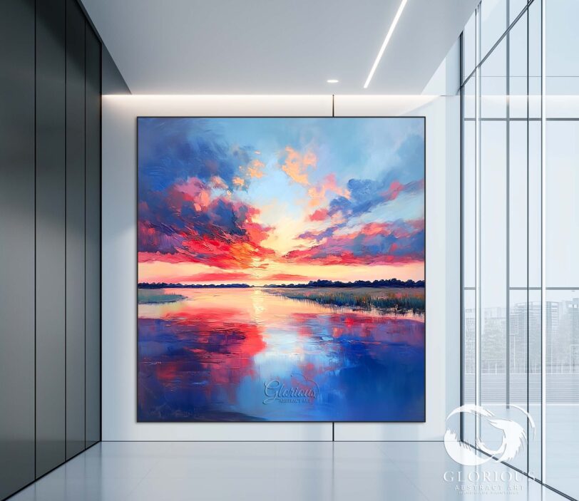 Handmade abstract canvas art with sunset reflections for contemporary decor.