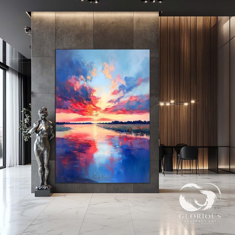 Large handmade abstract painting with a serene ocean sunset theme in bold hues
