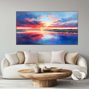 Handmade abstract art with vibrant ocean sunset colors, featuring blue and orange tones.