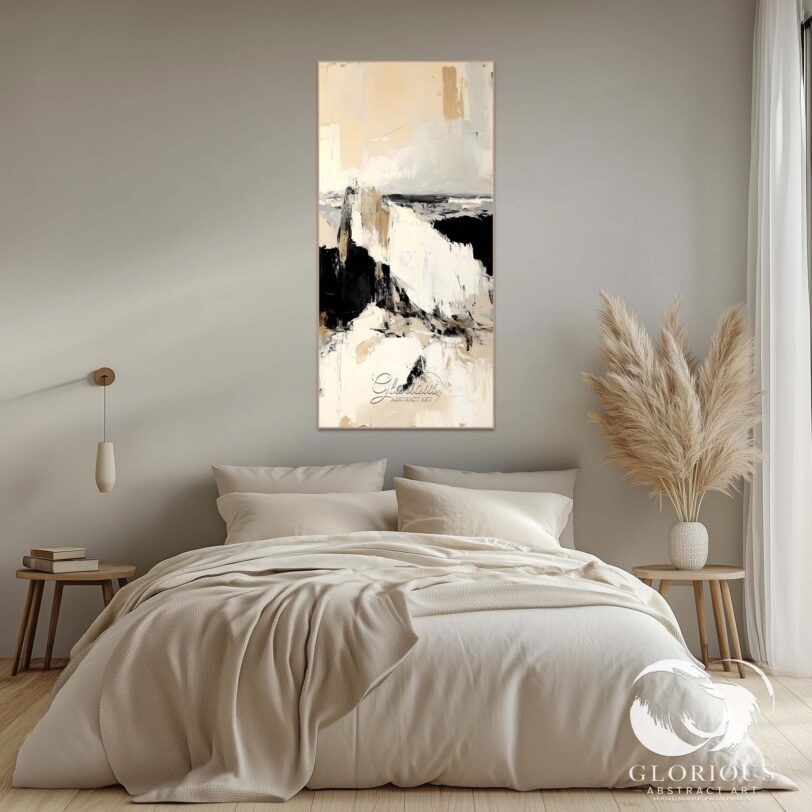 Close-up of textured beige and black abstract art, showcasing intricate brushwork.
