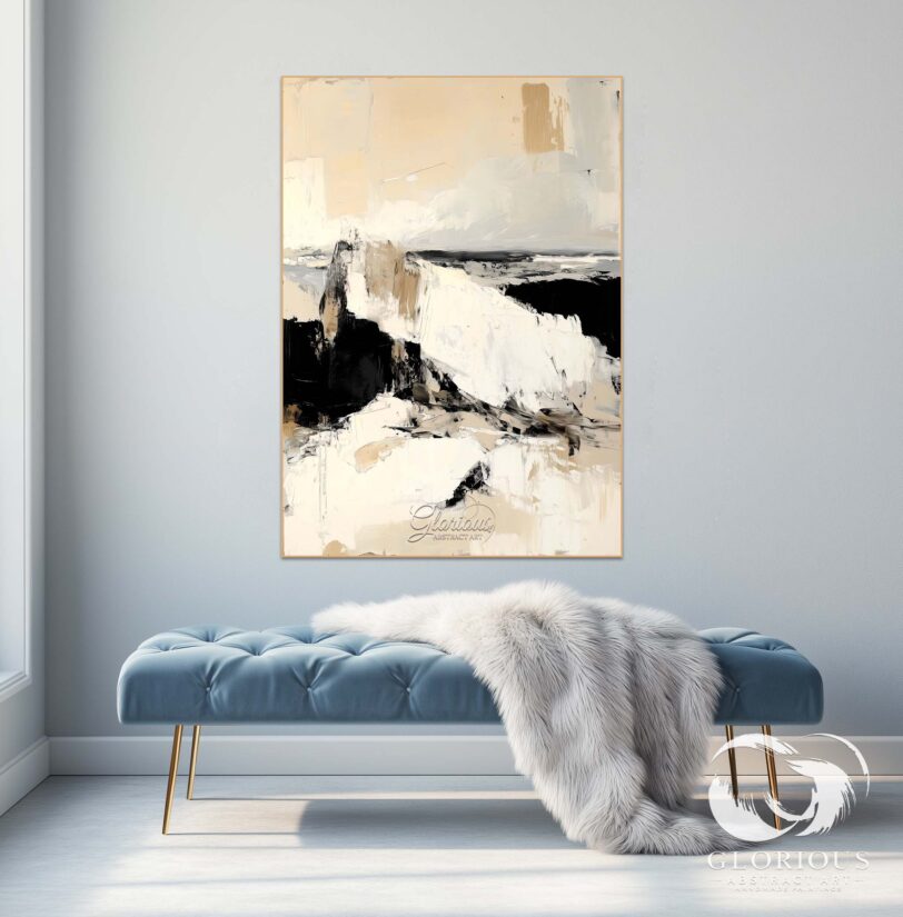Large abstract canvas in beige and black tones displayed in a contemporary home office.