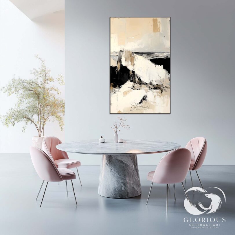 A wide-angle shot of beige and black abstract art in a minimalist living room setting.