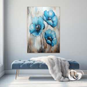 Abstract painting of blue flowers with detailed textures and soft shading on a mixed-tone canvas.