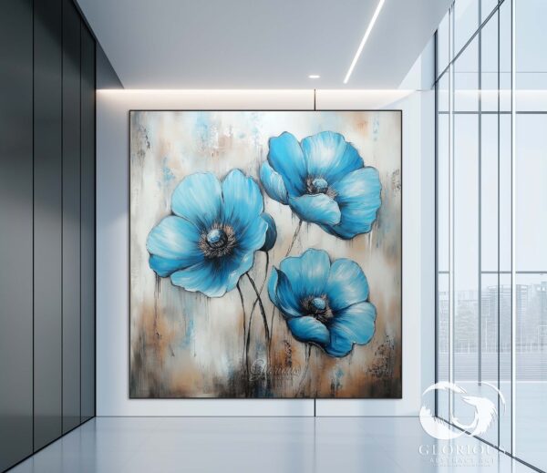 A modern abstract floral artwork with vibrant blue petals and black stems on a beige-toned background.