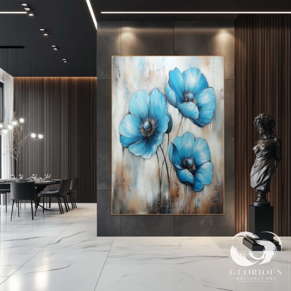 A sophisticated abstract painting showcasing three blue flowers with artistic brushwork on a textured background.