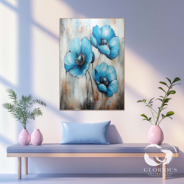 A beautiful abstract painting featuring three large blue flowers with textured brushstrokes on a neutral background.