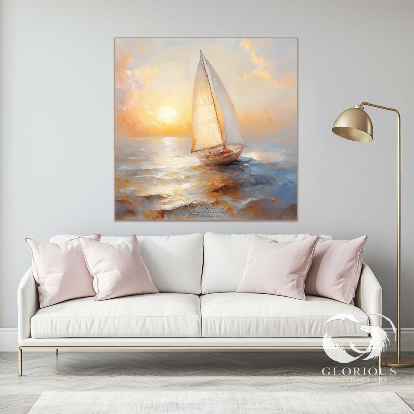 Serene sailboat painting with textured waves and a glowing sunrise sky.