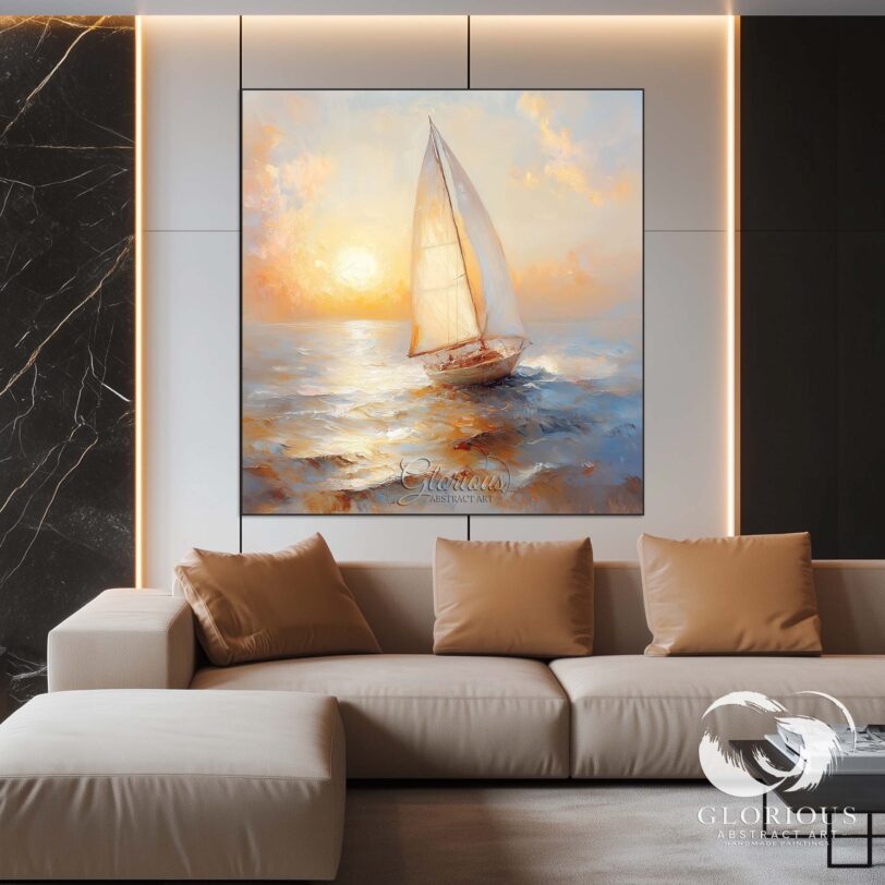 Warm-toned sailboat painting with golden reflections and calming waves.
