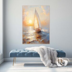 A large canvas painting of a sailboat at sunrise, perfect for modern coastal decor.