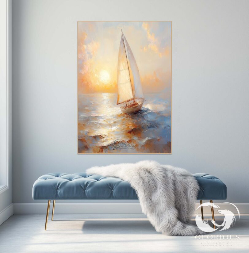 A large canvas painting of a sailboat at sunrise, perfect for modern coastal decor.