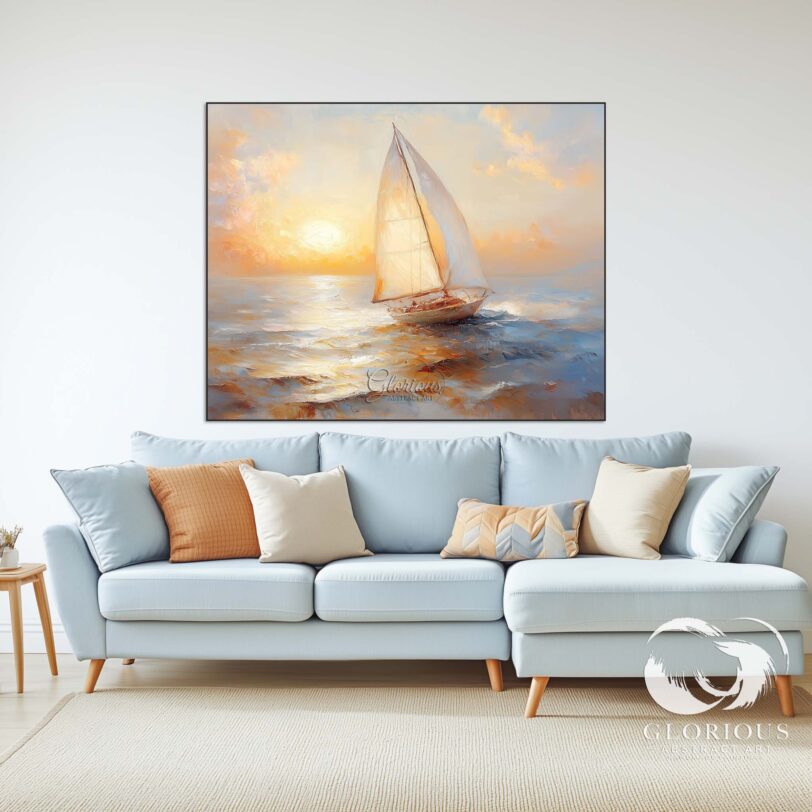 Close-up of textured brushstrokes in an abstract sailboat painting at sunrise.