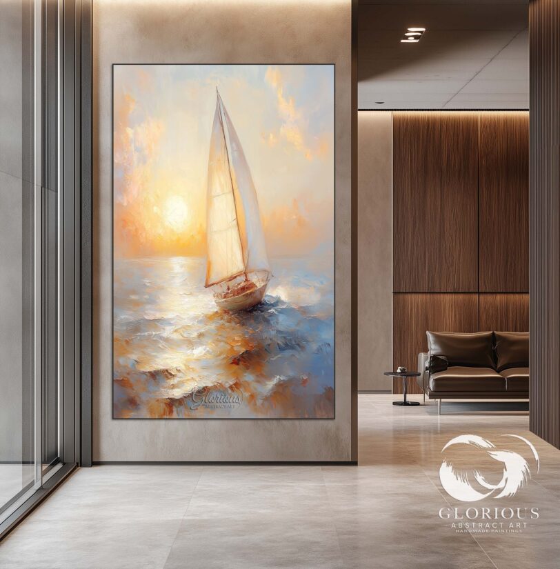 Abstract sailboat painting with golden and blue hues depicting a serene sunrise.