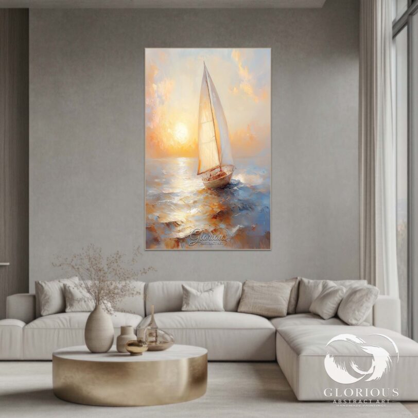 Modern abstract sailboat painting with golden sunrise reflections on water.