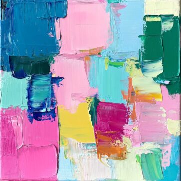 Handmade abstract painting with textured palette knife strokes in vibrant pink, blue, yellow, green, and teal colors – modern wall art