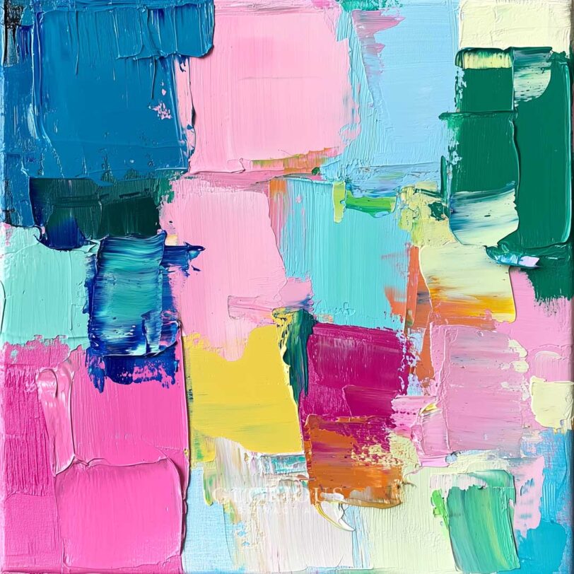 Handmade abstract painting with textured palette knife strokes in vibrant pink, blue, yellow, green, and teal colors – modern wall art