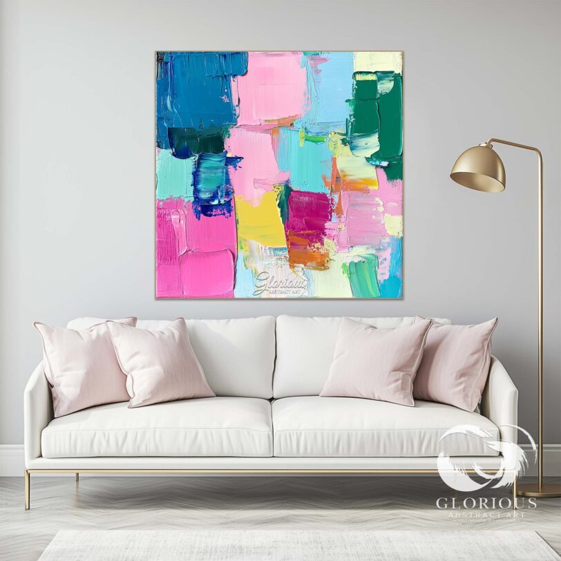 Large-scale abstract canvas painting with an expressive composition.