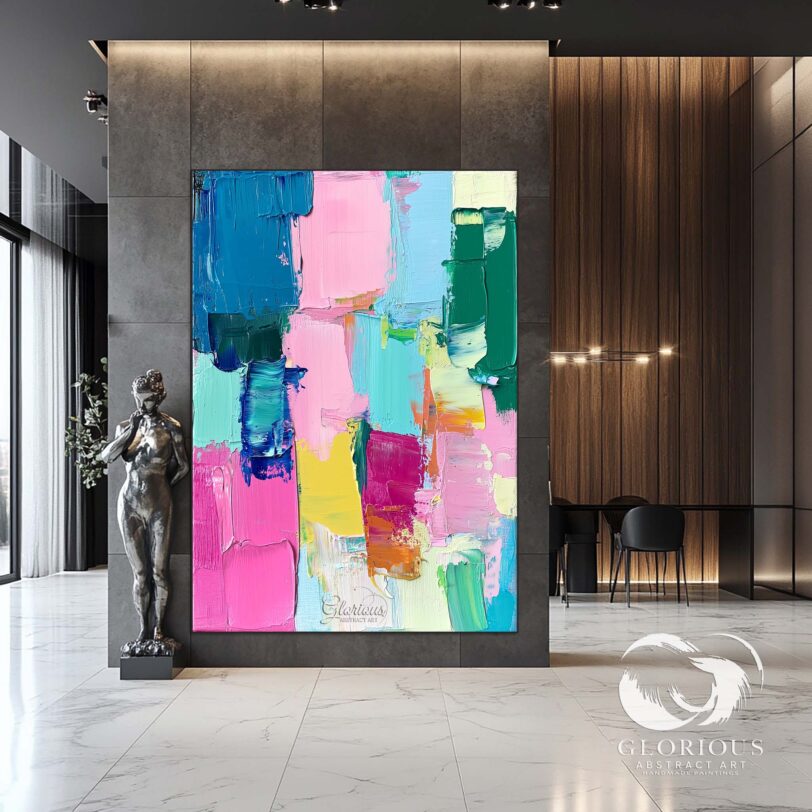 Large, colorful abstract artwork with palette knife textures.