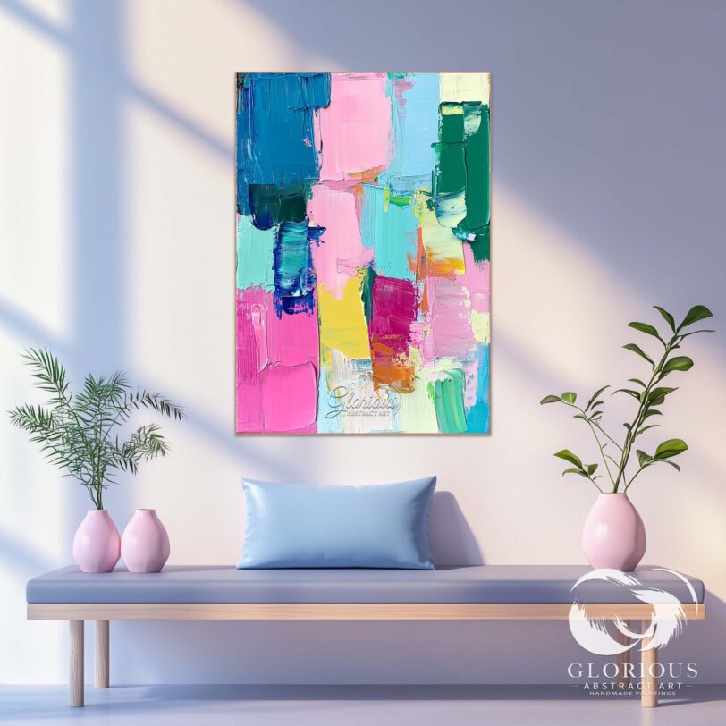 Statement abstract painting featuring a mix of bright and bold colors.