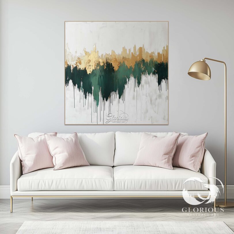 Minimalist abstract painting with dripping gold accents.