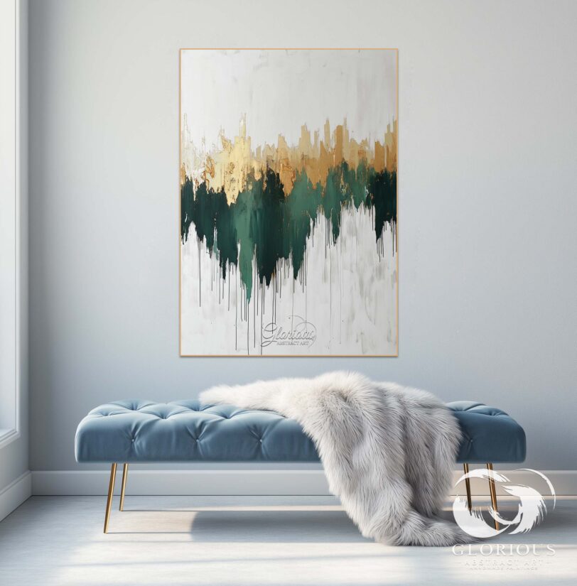 Large green and gold abstract canvas painting in a modern living room.