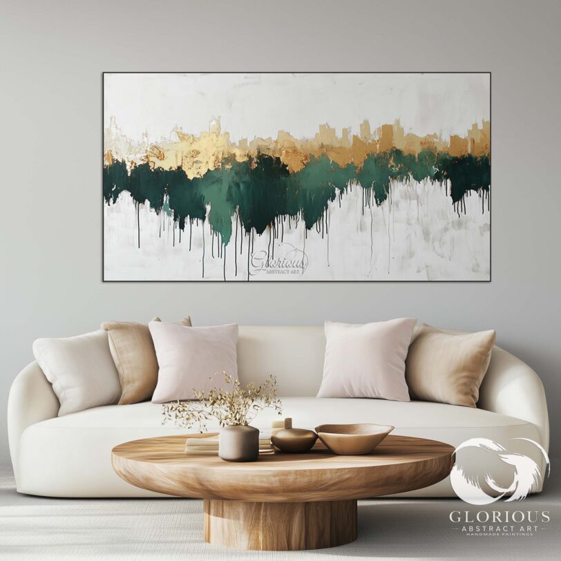 Luxurious emerald green and metallic gold abstract art piece