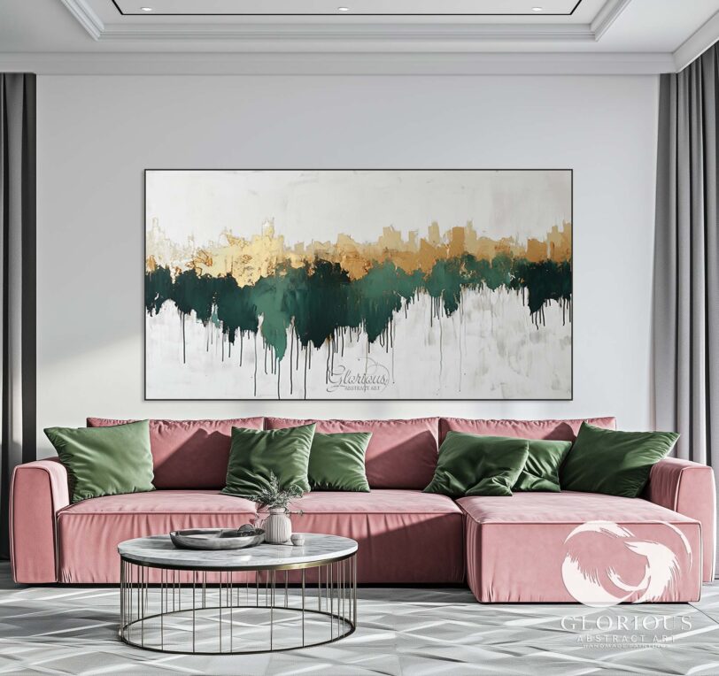 Green and gold abstract painting with rich textures and bold contrast.