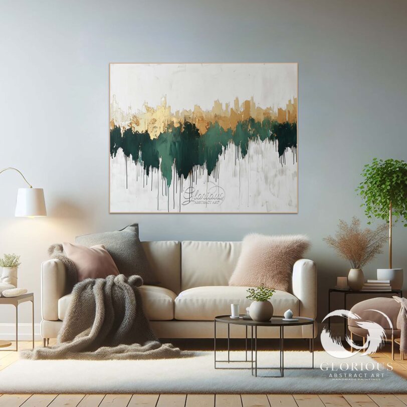 Contemporary textured abstract painting with green and gold hues.